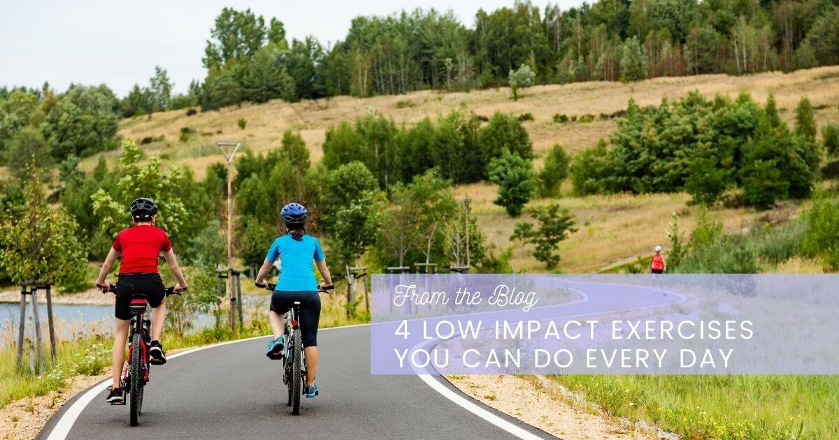 Two cyclists riding on a scenic path surrounded by greenery, promoting low-impact exercises for daily health and fitness.