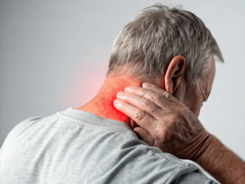 Man experiencing neck pain, holding his neck in discomfort, highlighting signs that may require chiropractic care.