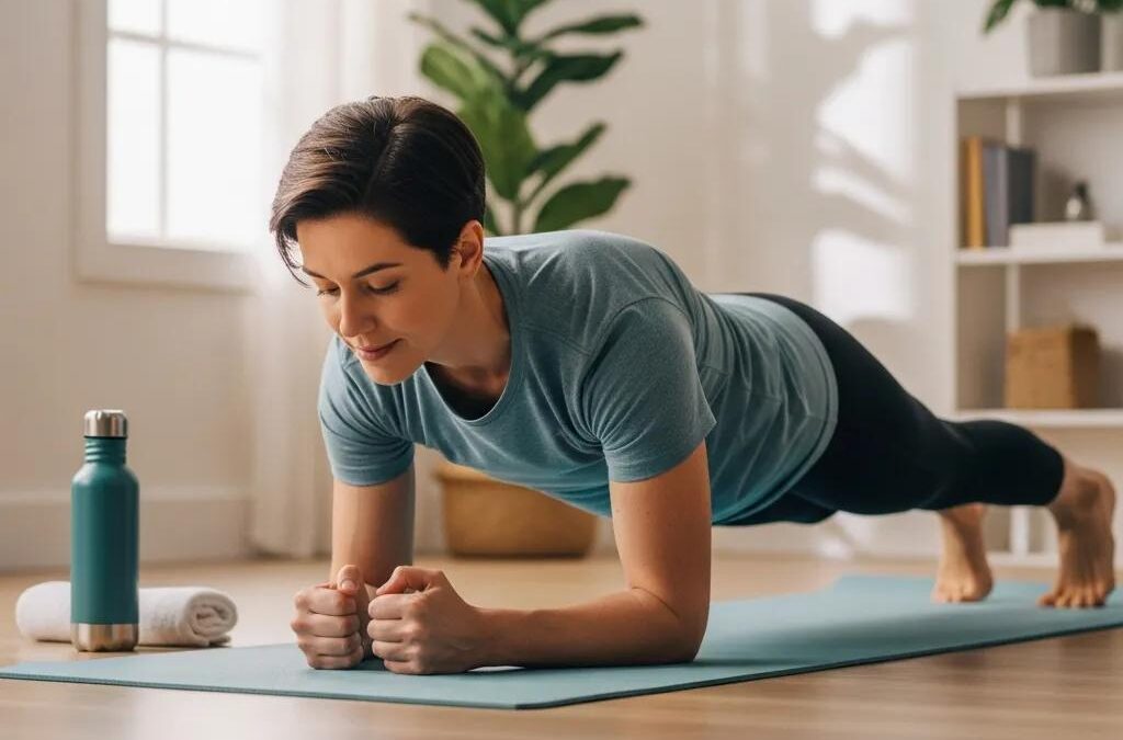 Woman performing plank exercise on yoga mat, emphasizing core strength and back support, with water bottle and towel nearby, in a bright indoor setting.