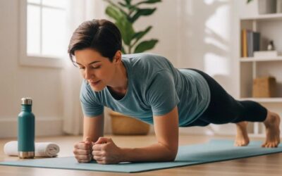 Woman performing a plank exercise on a yoga mat, promoting core strength and back health, relevant to chiropractic care and wellness.