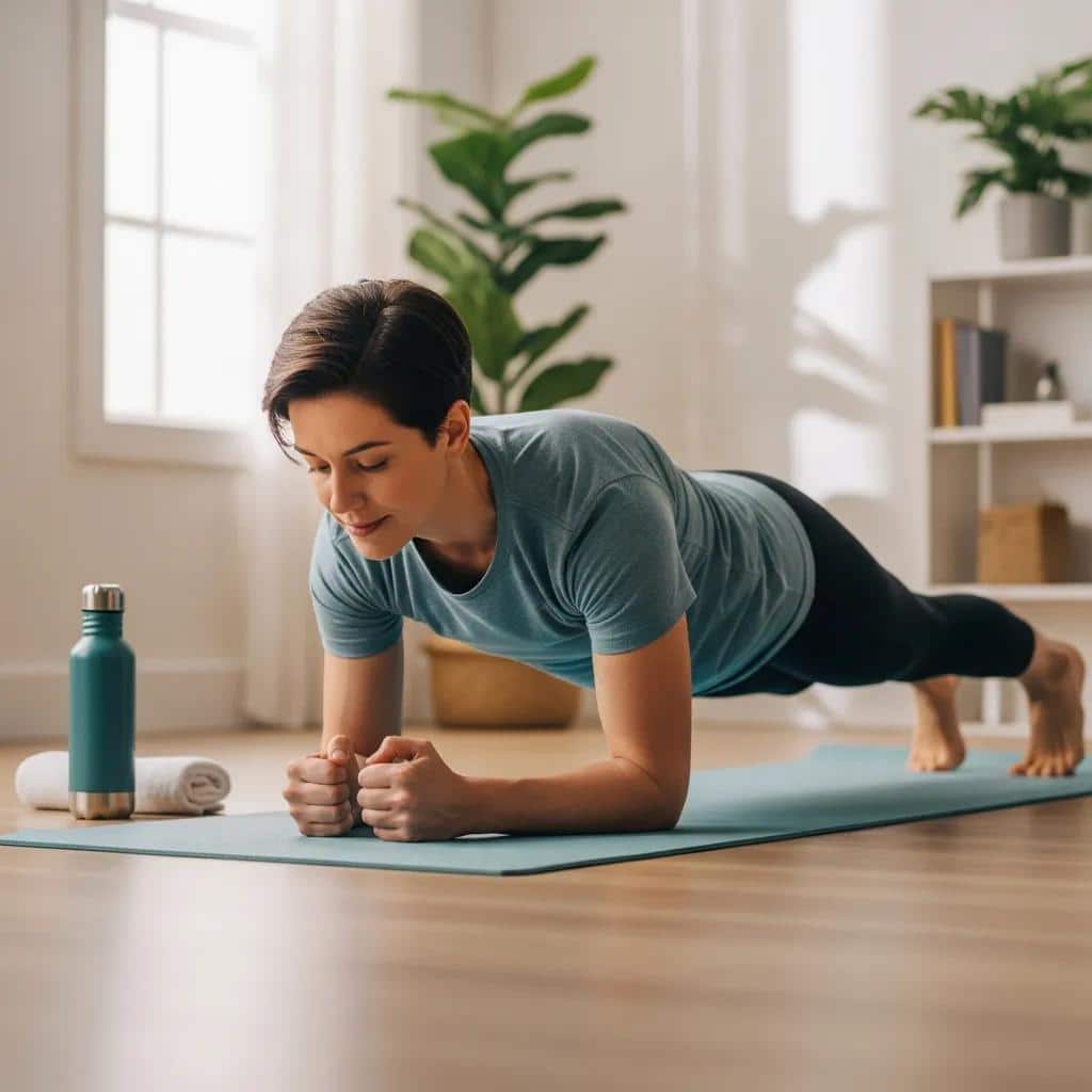 Woman performing a plank exercise on a yoga mat in a bright room, promoting core strength and back health for pain relief.